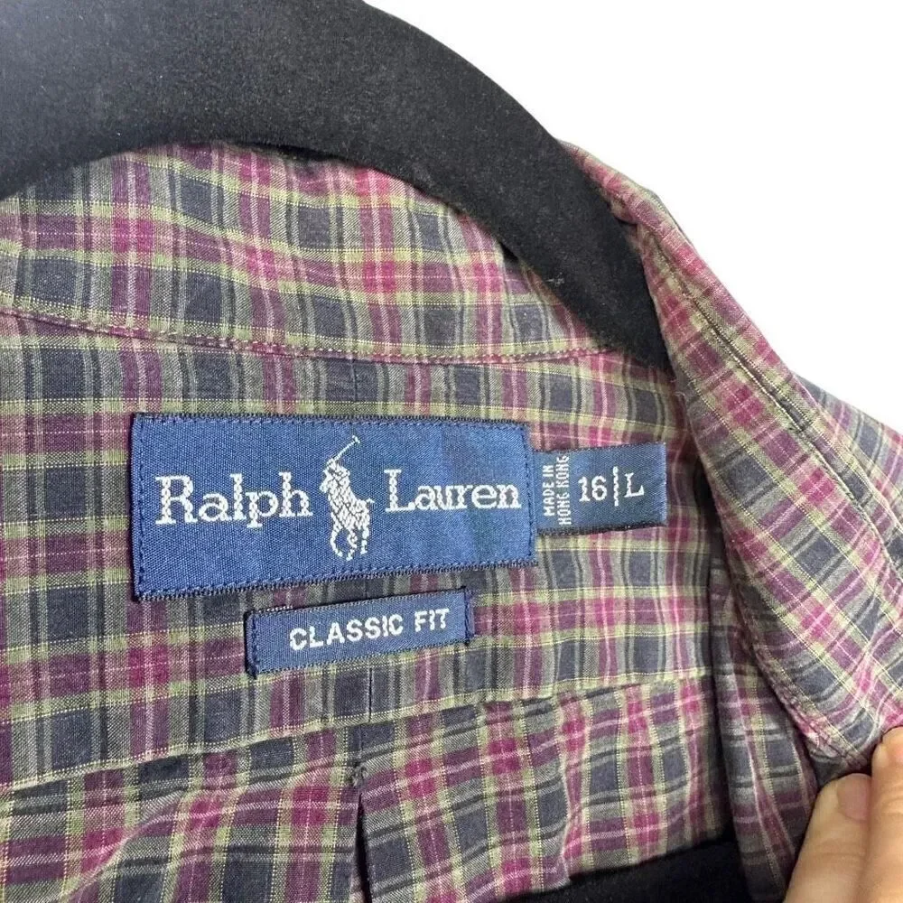Vintage Ralph Lauren Plaid Yarmouth Shirt 16/L Polo Cotton Long Sleeve